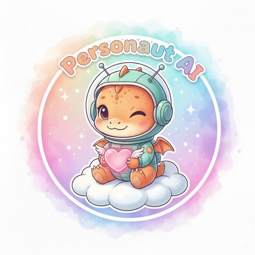 Personaut AI logo: a small winged character in a space helmet
               sitting on a cloud, holding a winged heart.